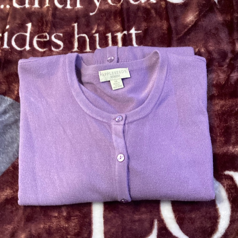 Appleseeds Spindrift Soft Cardigan w matching SS shell,Lavender,size 1X,worn x 2